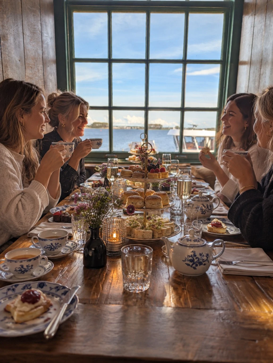 Gasten genieten van High Tea met etagères in het historische interieur, aan het raam met uitzicht over het water