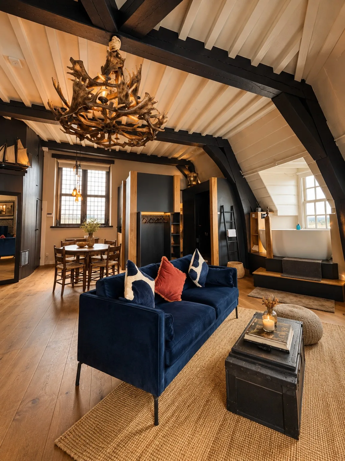 Interieur van de TorenSuite met blauwe zitbank, houten balken, kroonluchter en vrijstaand bad bij het raam