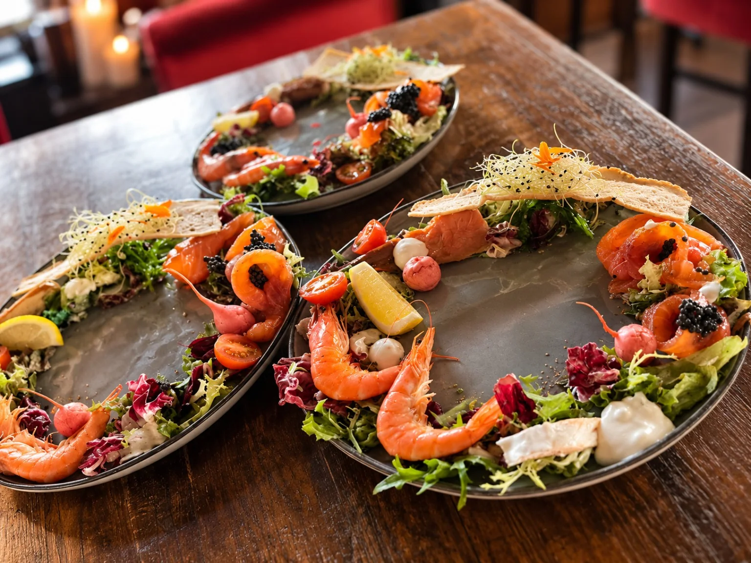 Opgemaakte voorgerechten met vis, garnalen en salade op een houten tafel